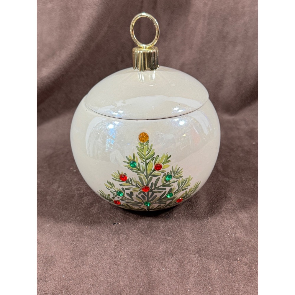 Teleflora Gift Christmas Ornament Ceramic Lidded Jar Rhinestone Tree Cream 6.5"